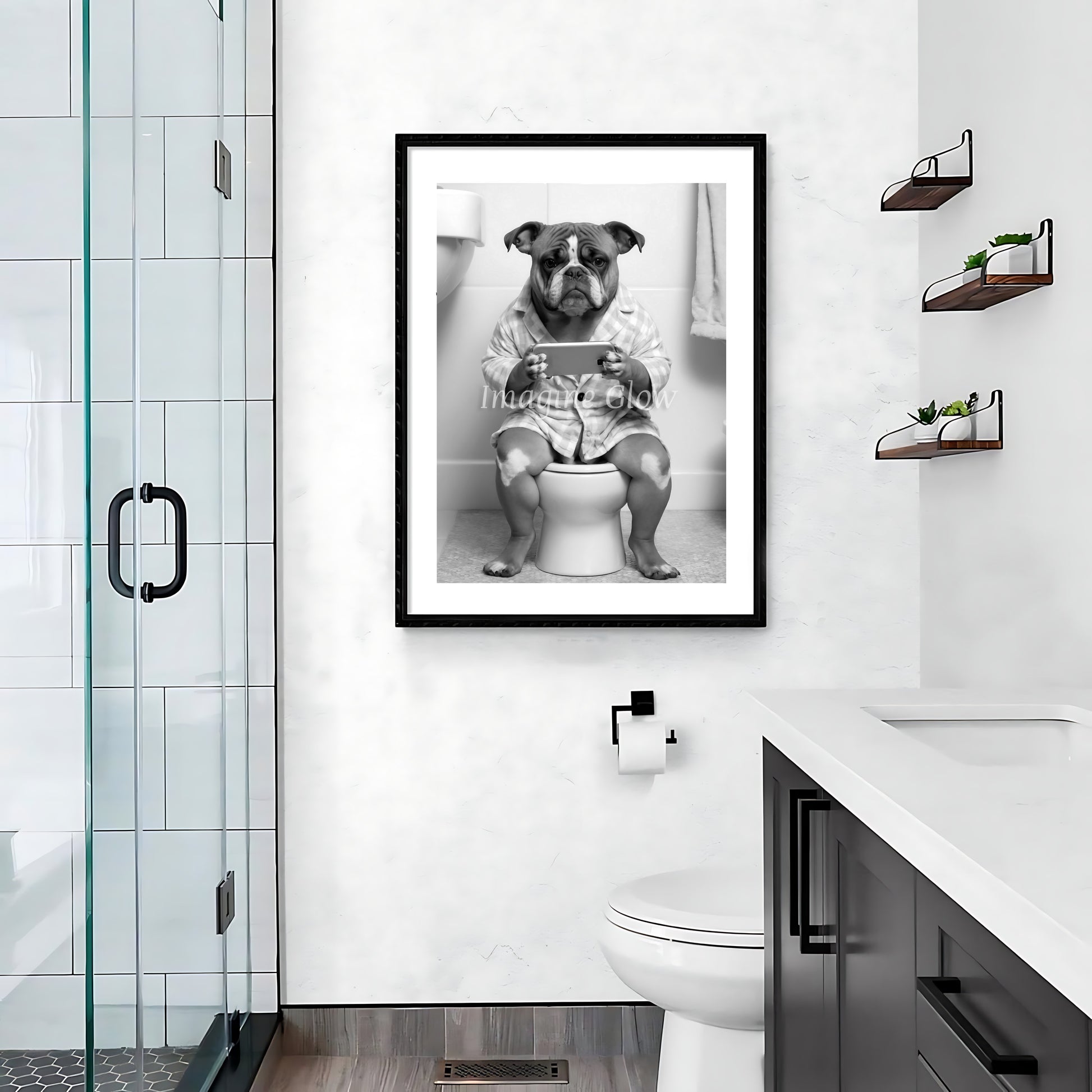 Bulldog in toilet art print, perfect for adding a playful element to your bathroom.