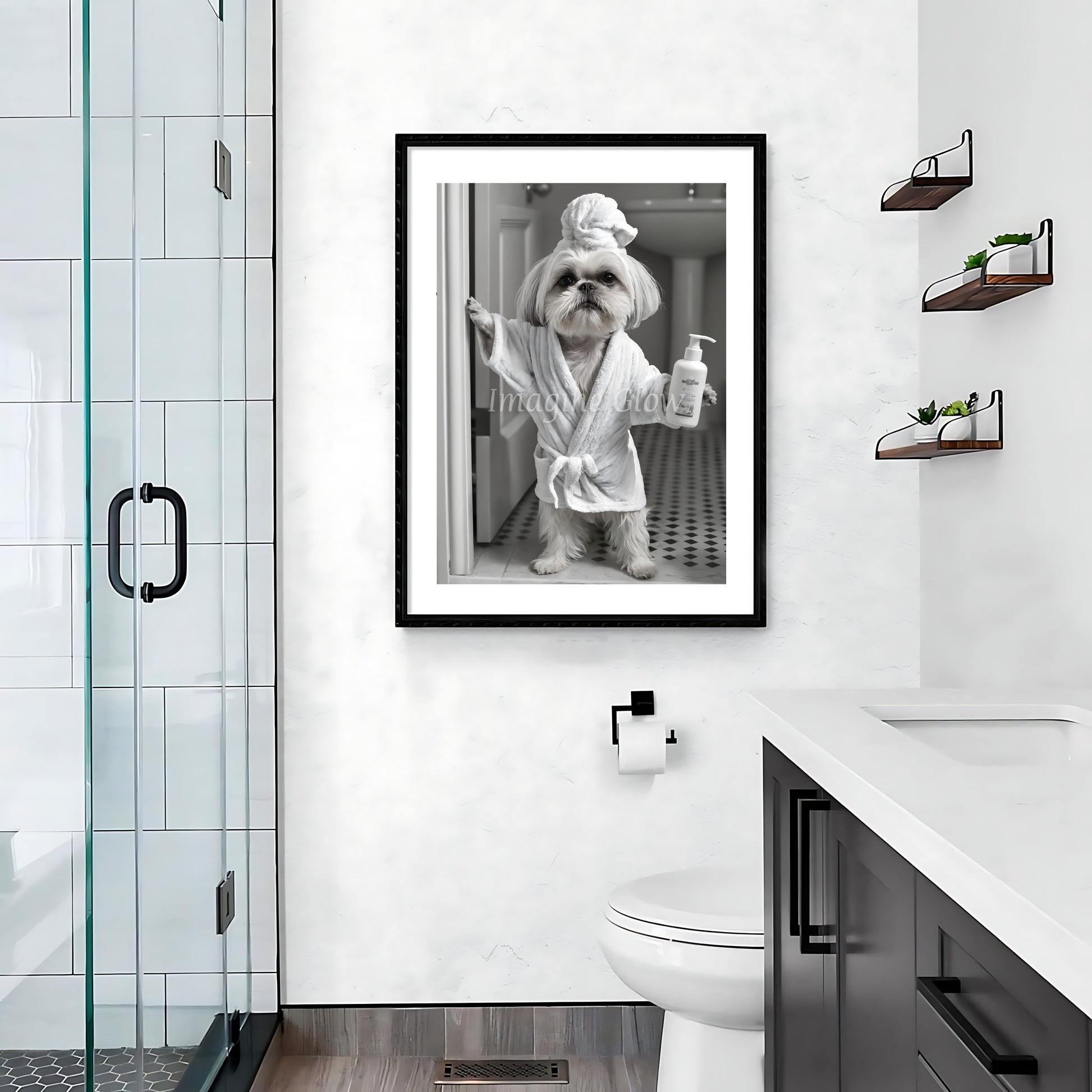 Humorous bathroom wall art showcasing a fluffy Shih Tzu in a cozy bathrobe