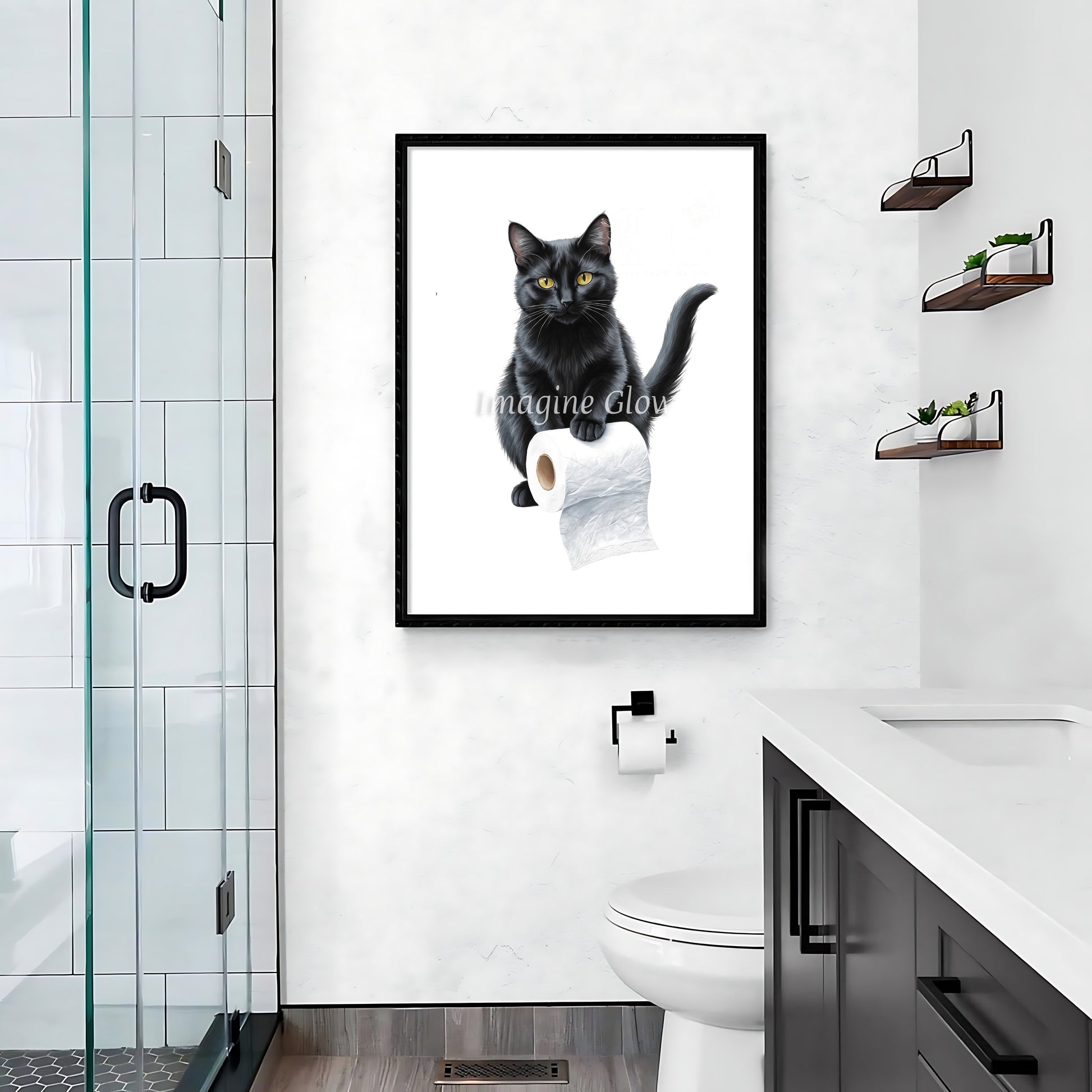 Humorous black cat in the toilet design for quirky bathroom decor.