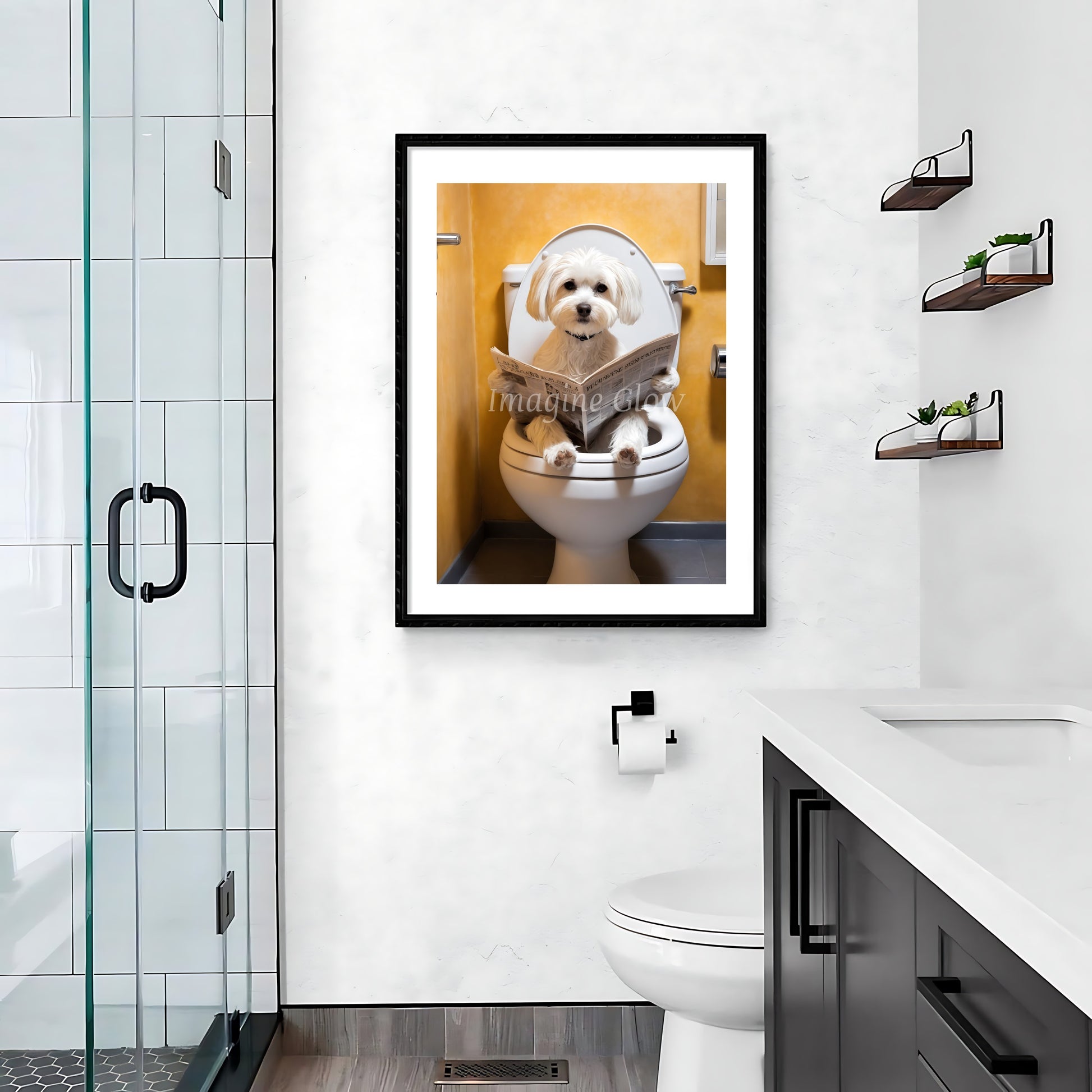 umorous bathroom wall art featuring a Maltese dog in a quirky toilet scene