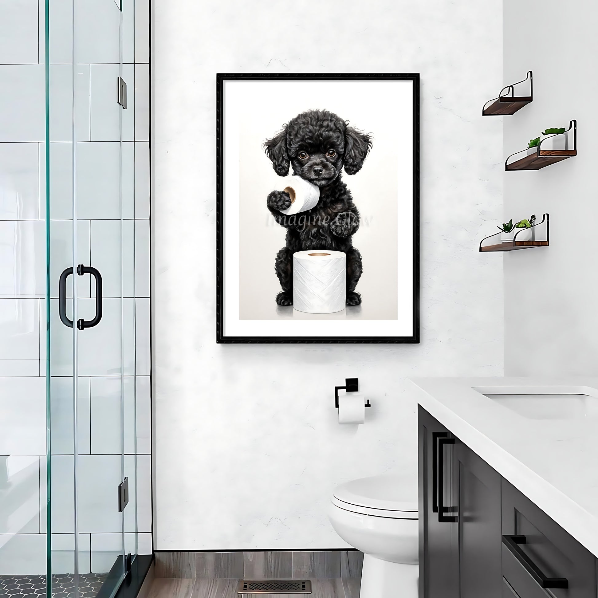 Humorous Black Poodle dog in the toilet design for quirky bathroom decor.