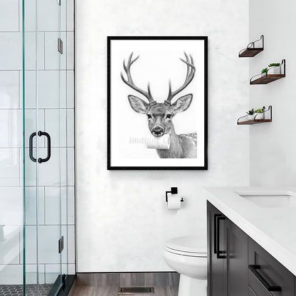 Humorous bathroom wall art showcasing a playful reindeer in a quirky toilet scene