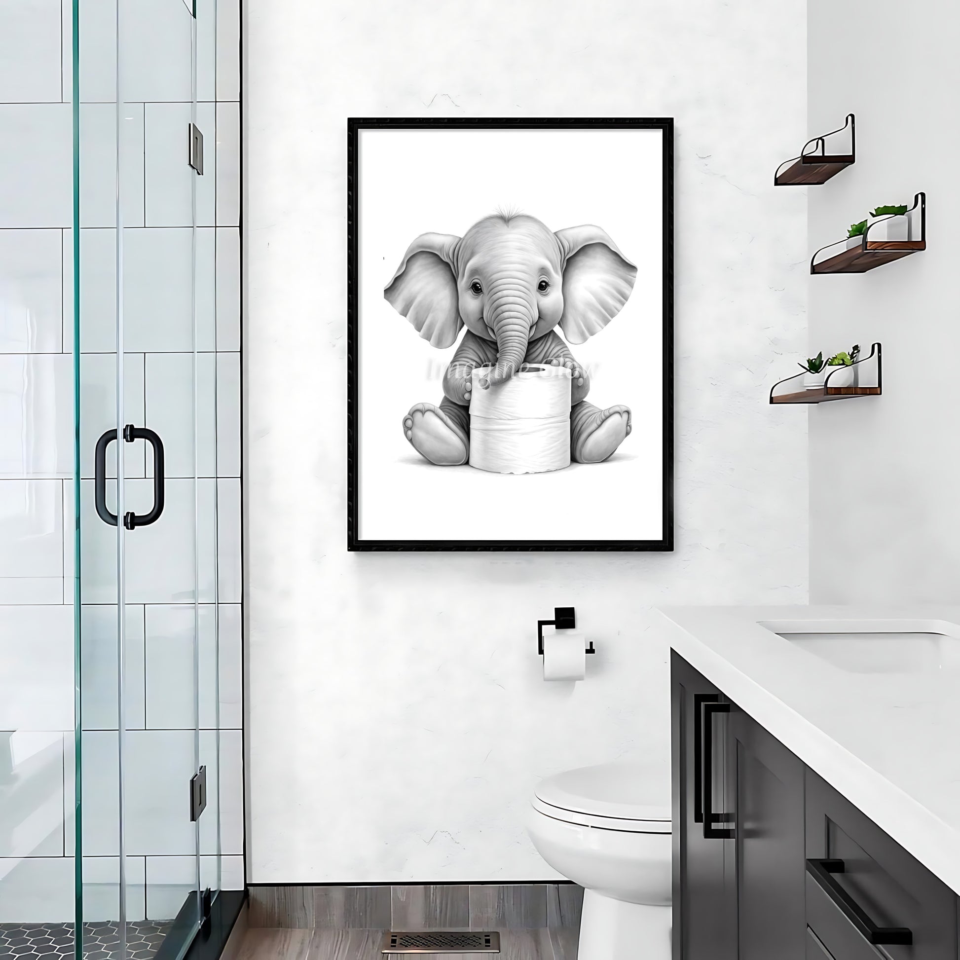 Funny bathroom wall art featuring an elephant in a quirky toilet scene