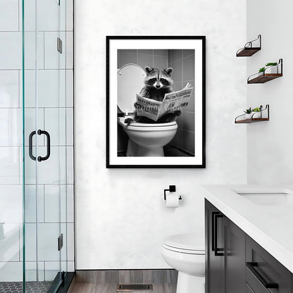 Quirky bathroom wall decor showcasing a raccoon peeking from a toilet