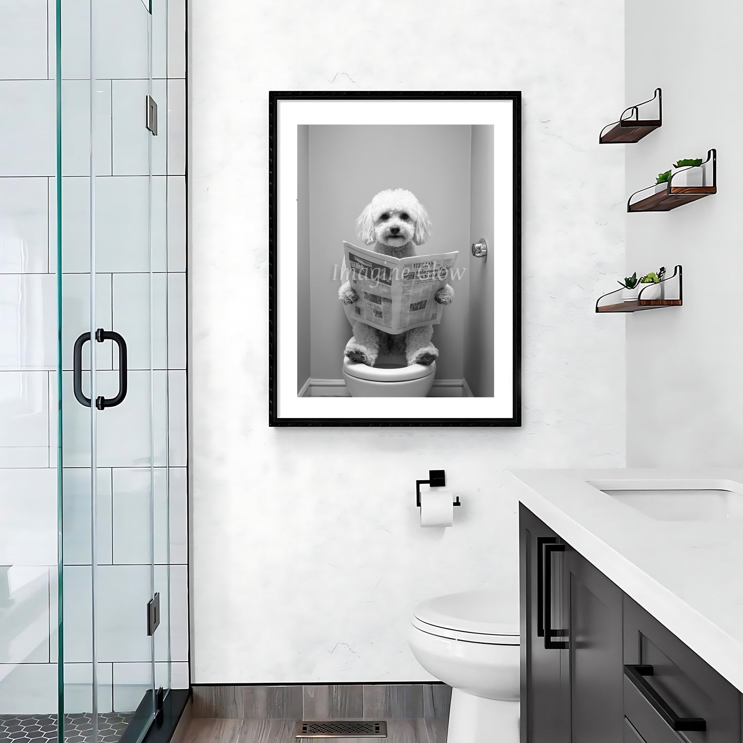 Humorous bathroom wall art showcasing a cute Maltese in a toilet