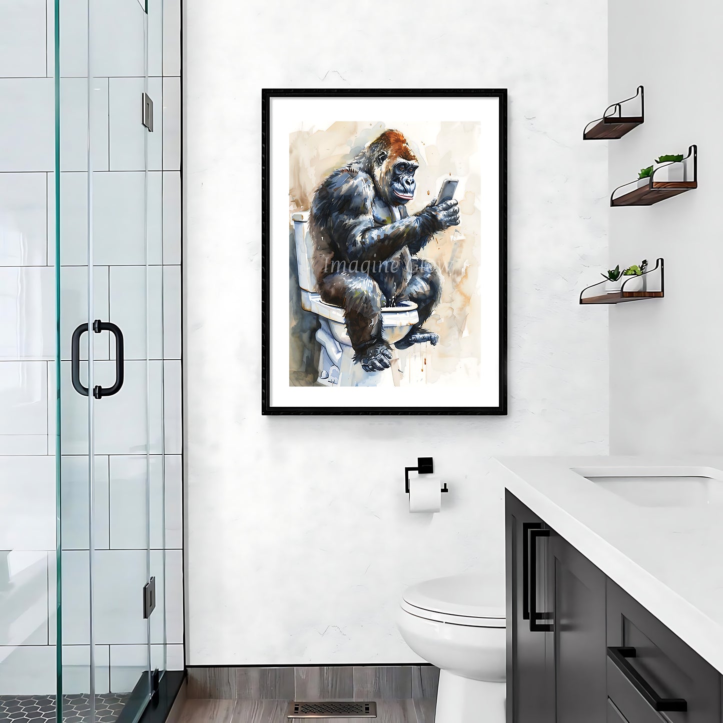 Humorous bathroom wall art showcasing playful gorillas in a quirky toilet scene