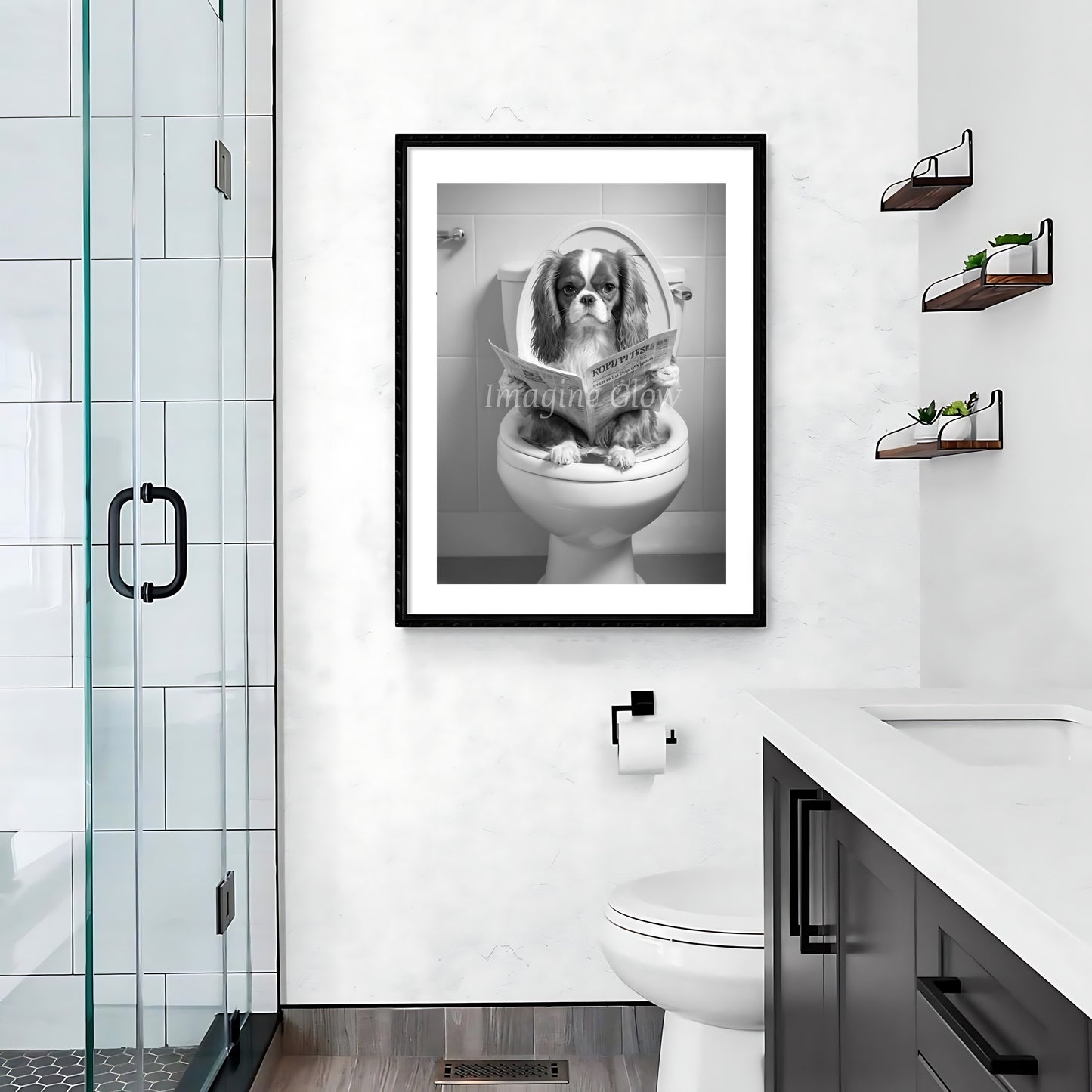 Cavalier King Charles Spaniel humorously depicted in a toilet in printable bathroom art.