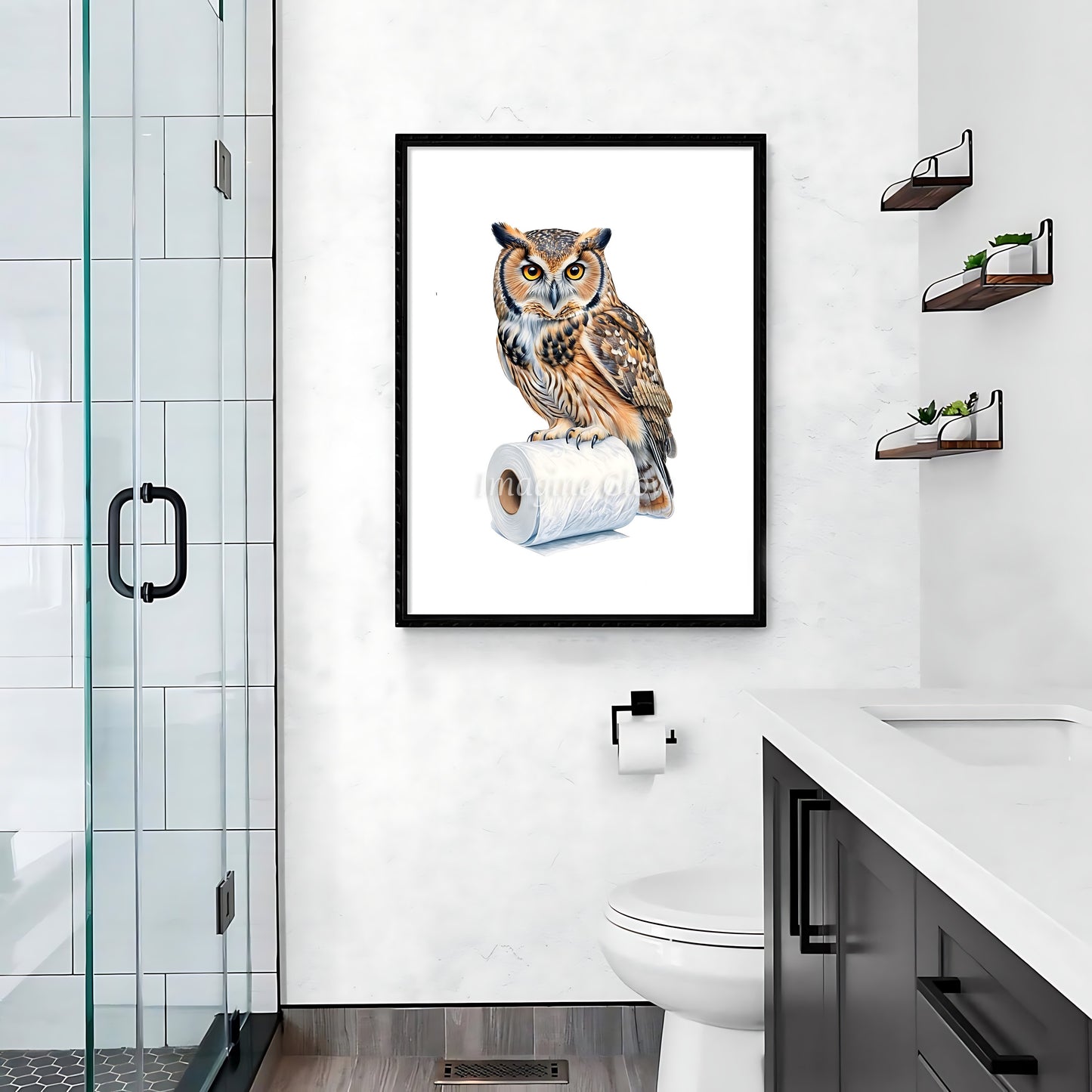 Humorous bathroom wall art showcasing a playful owl in a quirky toilet setting