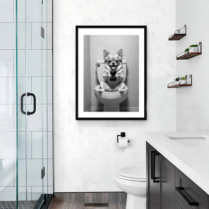 Funny Chihuahua dog in toilet illustration for bathroom wall decor