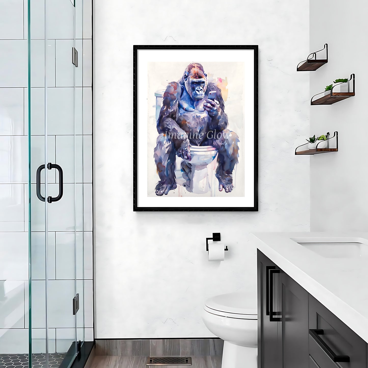 Fun gorilla illustration adding humor to bathroom wall art