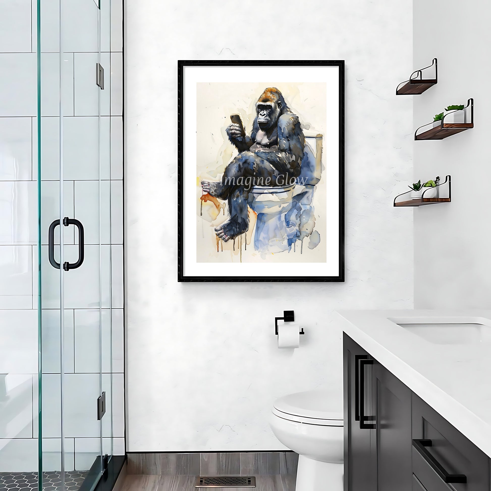 Fun gorilla illustration adding humor to your bathroom wall art