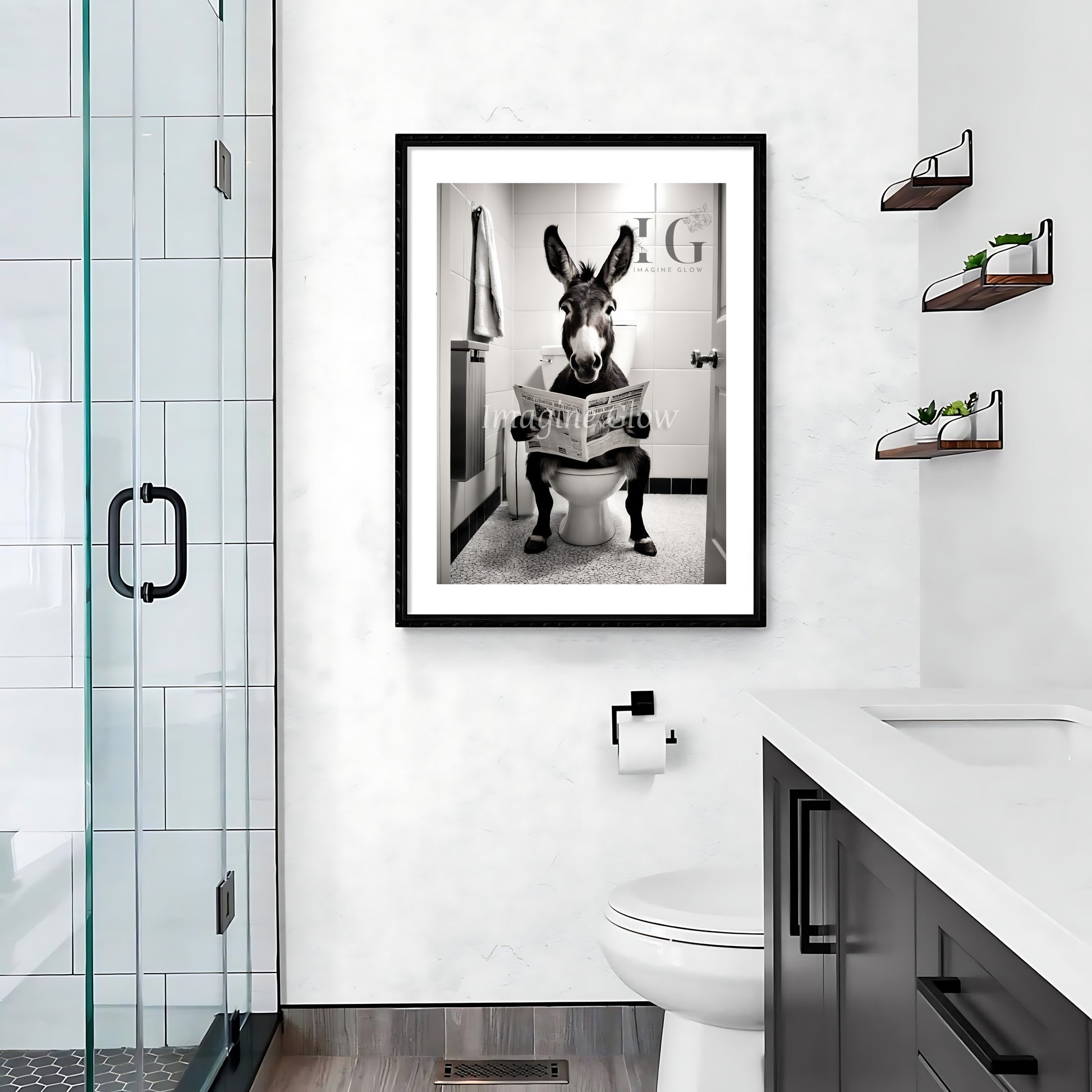 Quirky donkey artwork perfect for bathroom or powder room decor