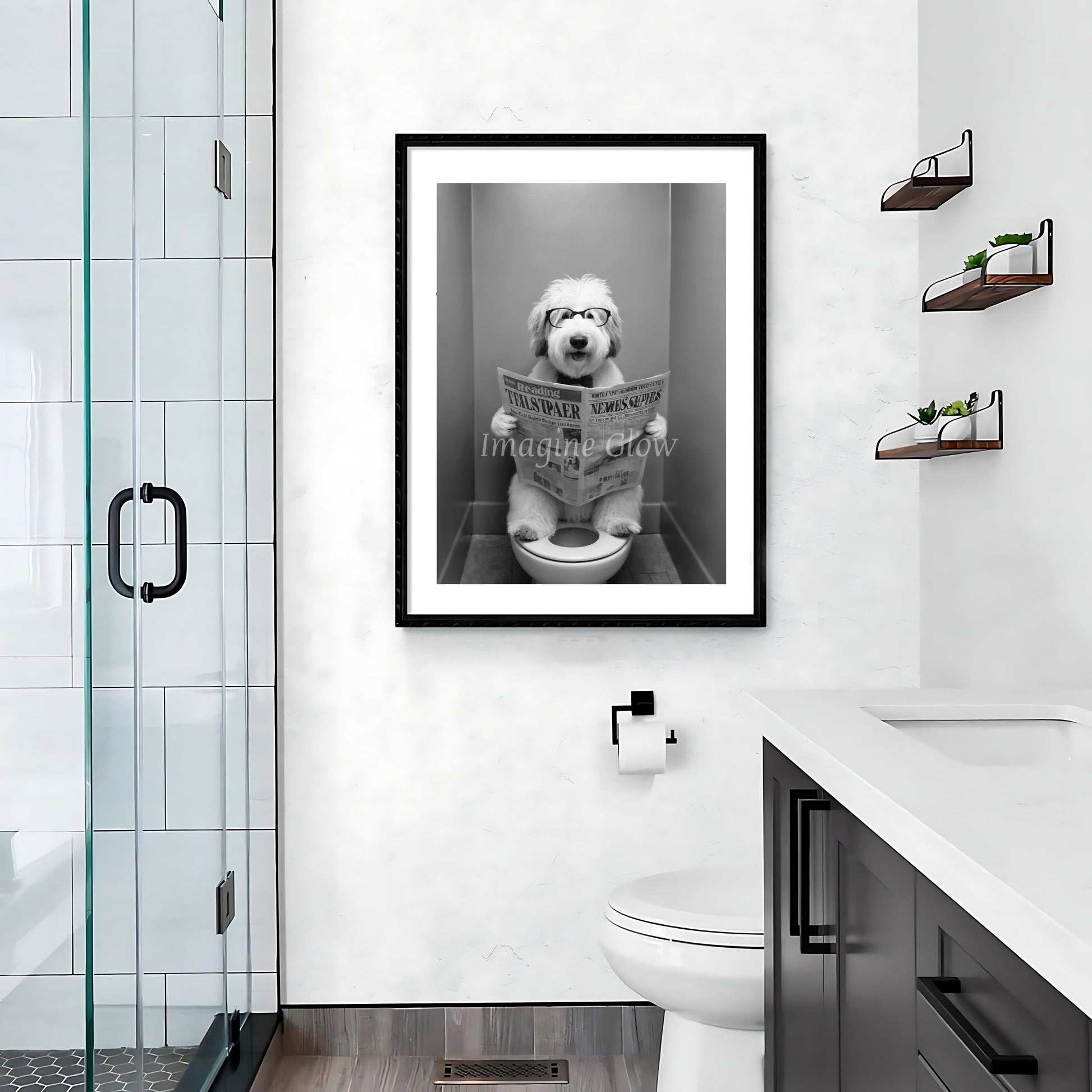 Humorous bathroom wall decor featuring an Old English Sheepdog in a toilet