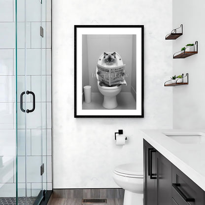 Ragdoll Cat Reading Newspaper in Toilet - Funny Printable Bathroom Wall Art