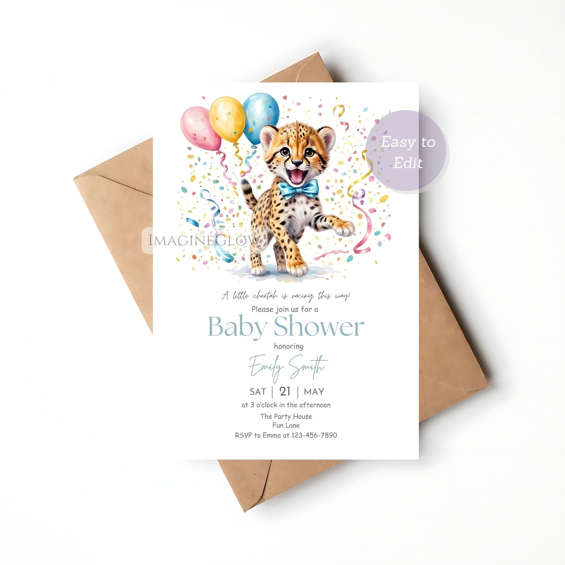 Boy jungle shower invitation with cheetah
