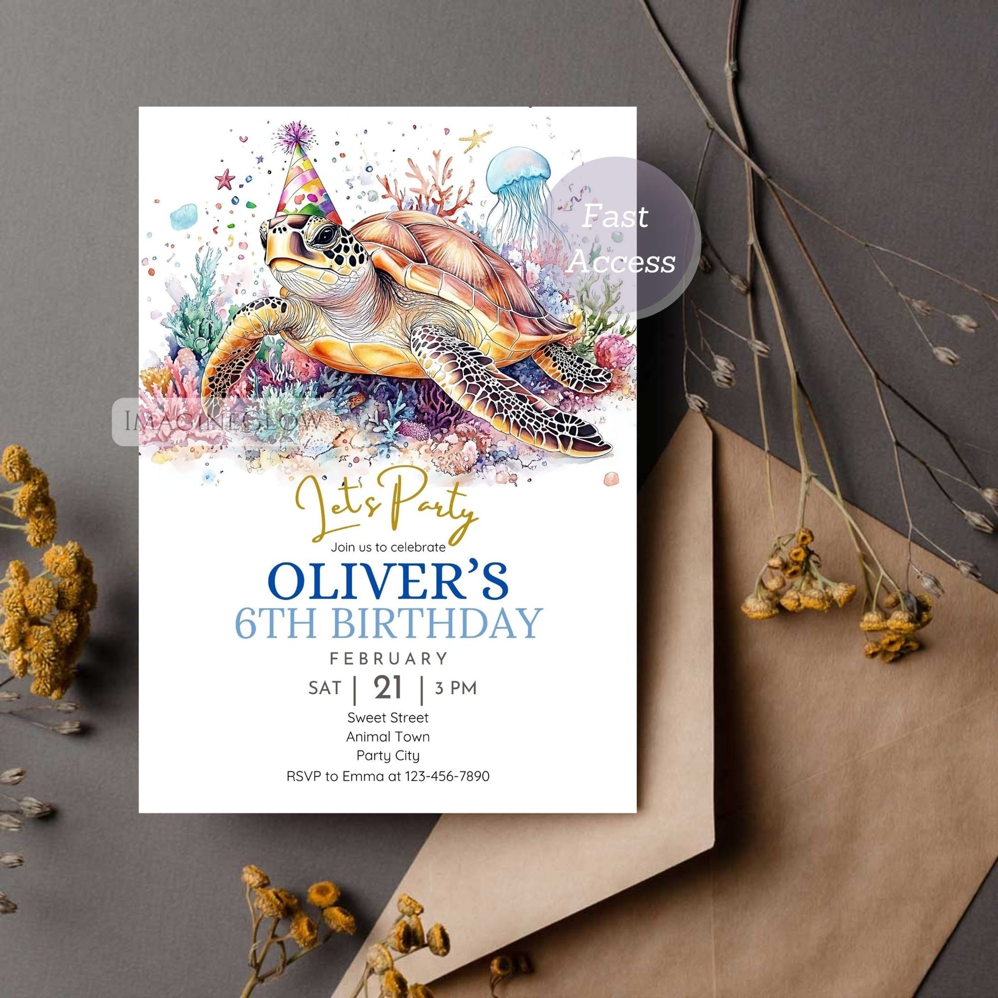 Ocean animal birthday invitation with turtle