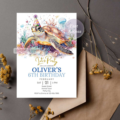 Ocean animal birthday invitation with turtle