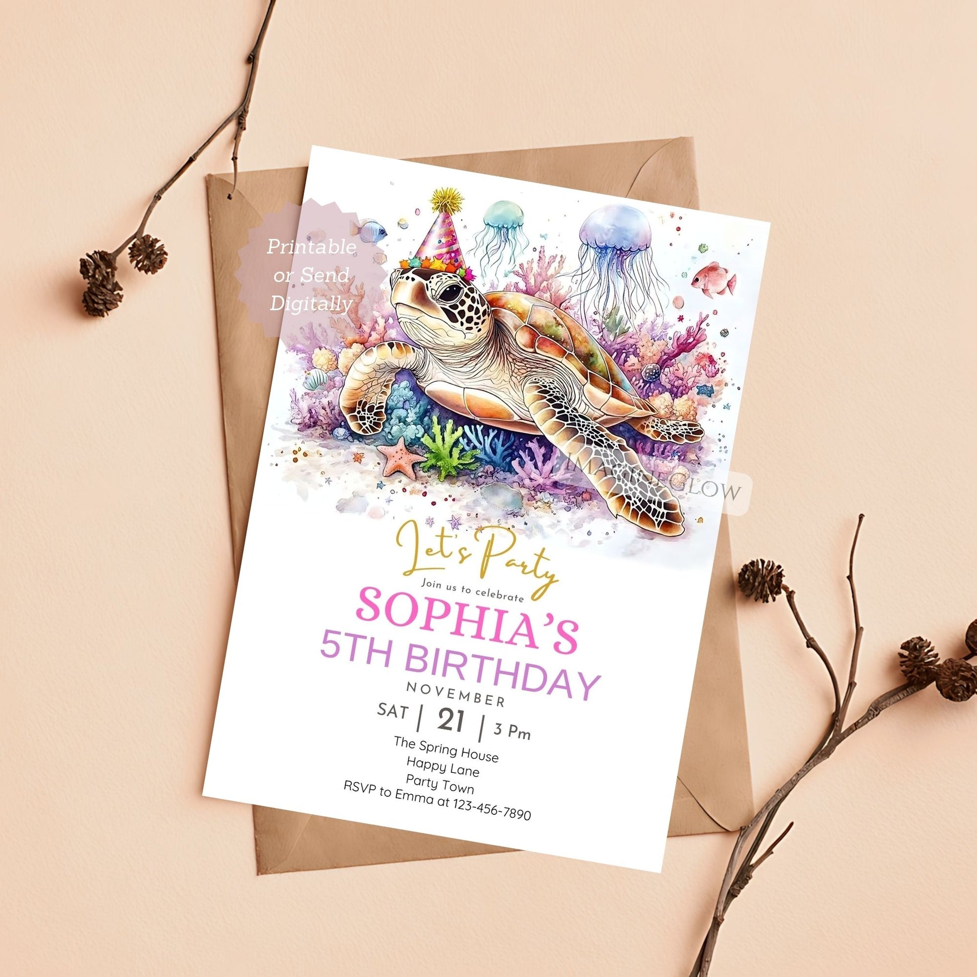 Turtle birthday invitation under the sea theme
