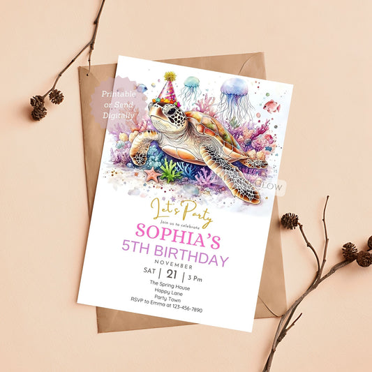 Turtle birthday invitation under the sea theme
