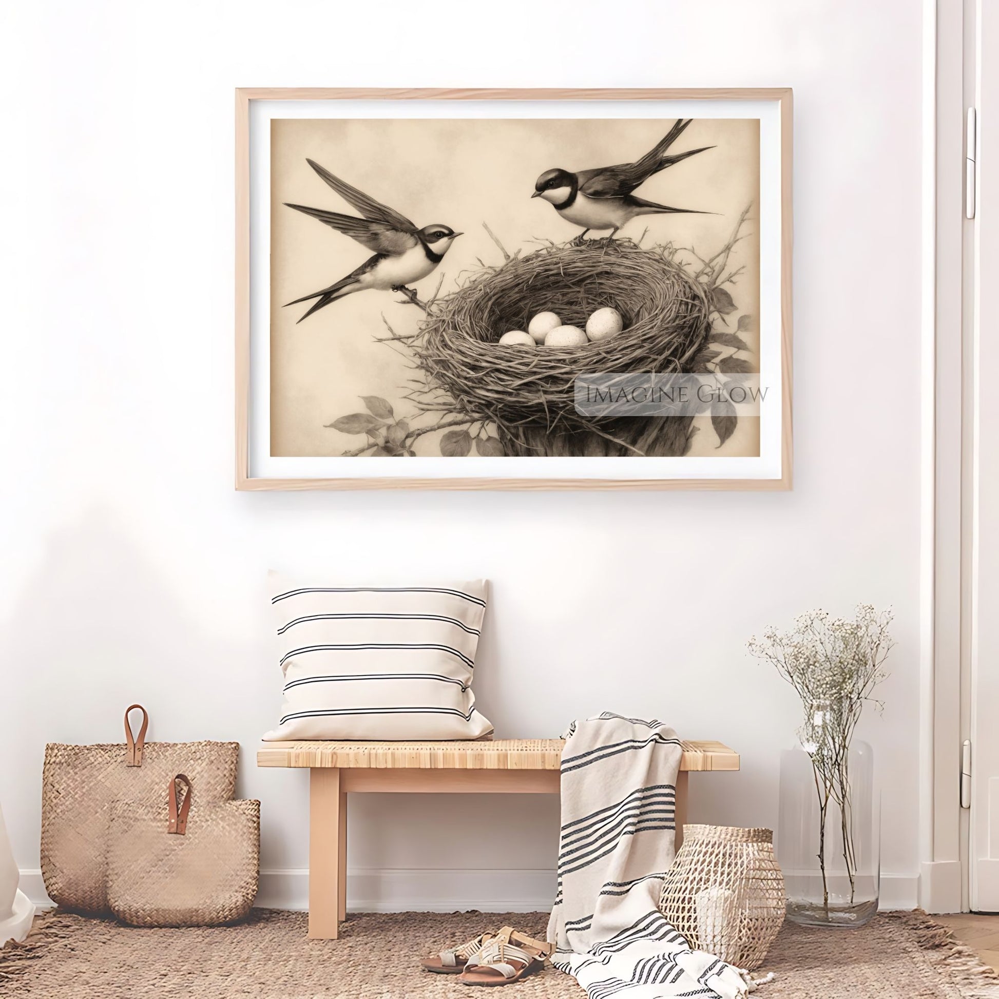 Ornithology print featuring swallows and nest
