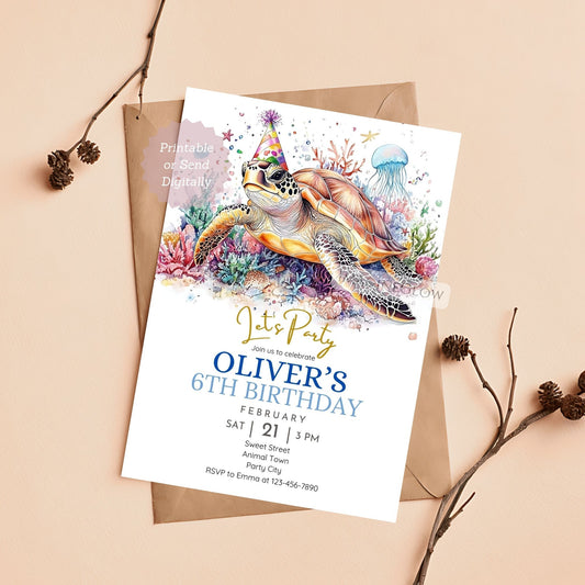 Turtle birthday invitation under the sea theme


