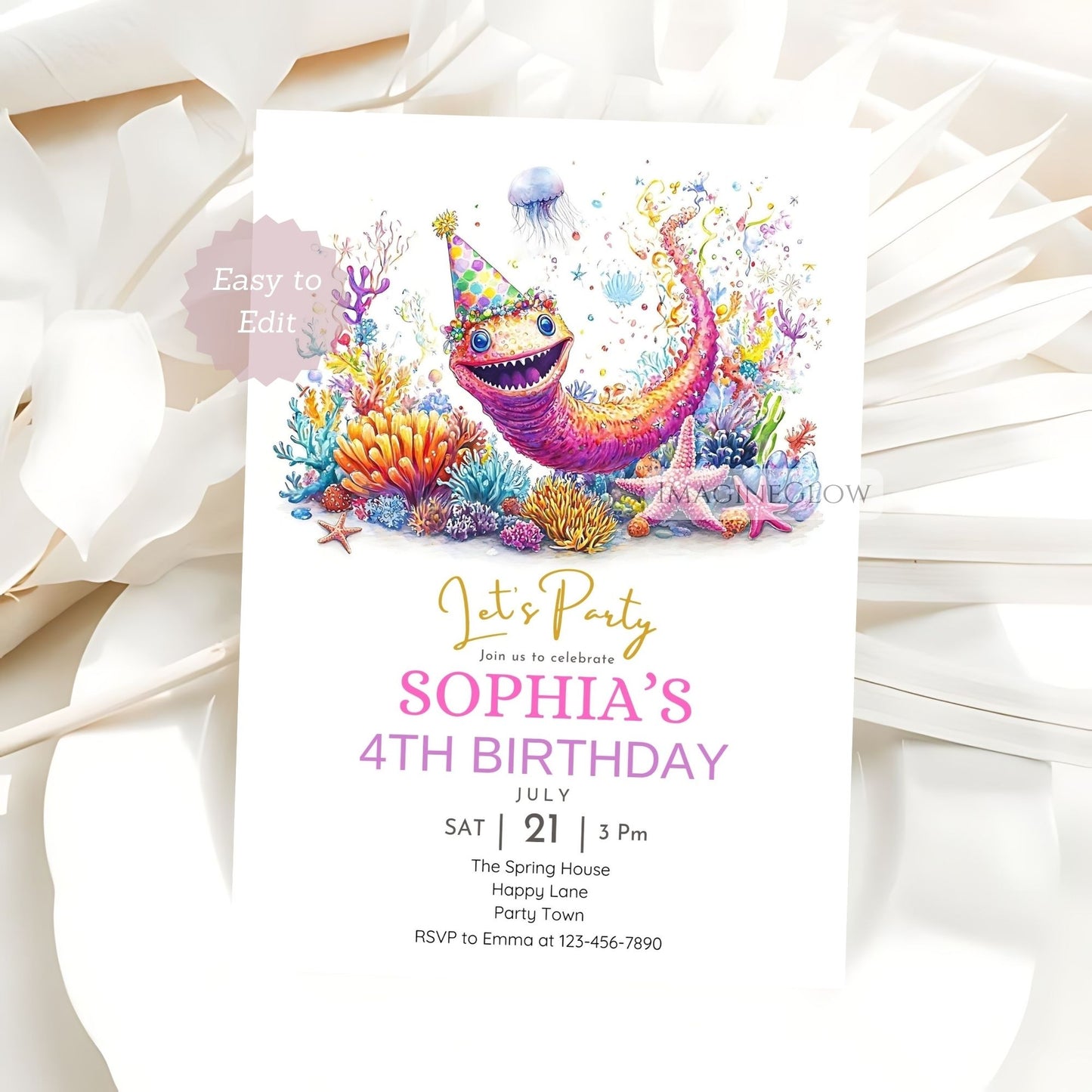 Fun and colorful eel birthday invite
