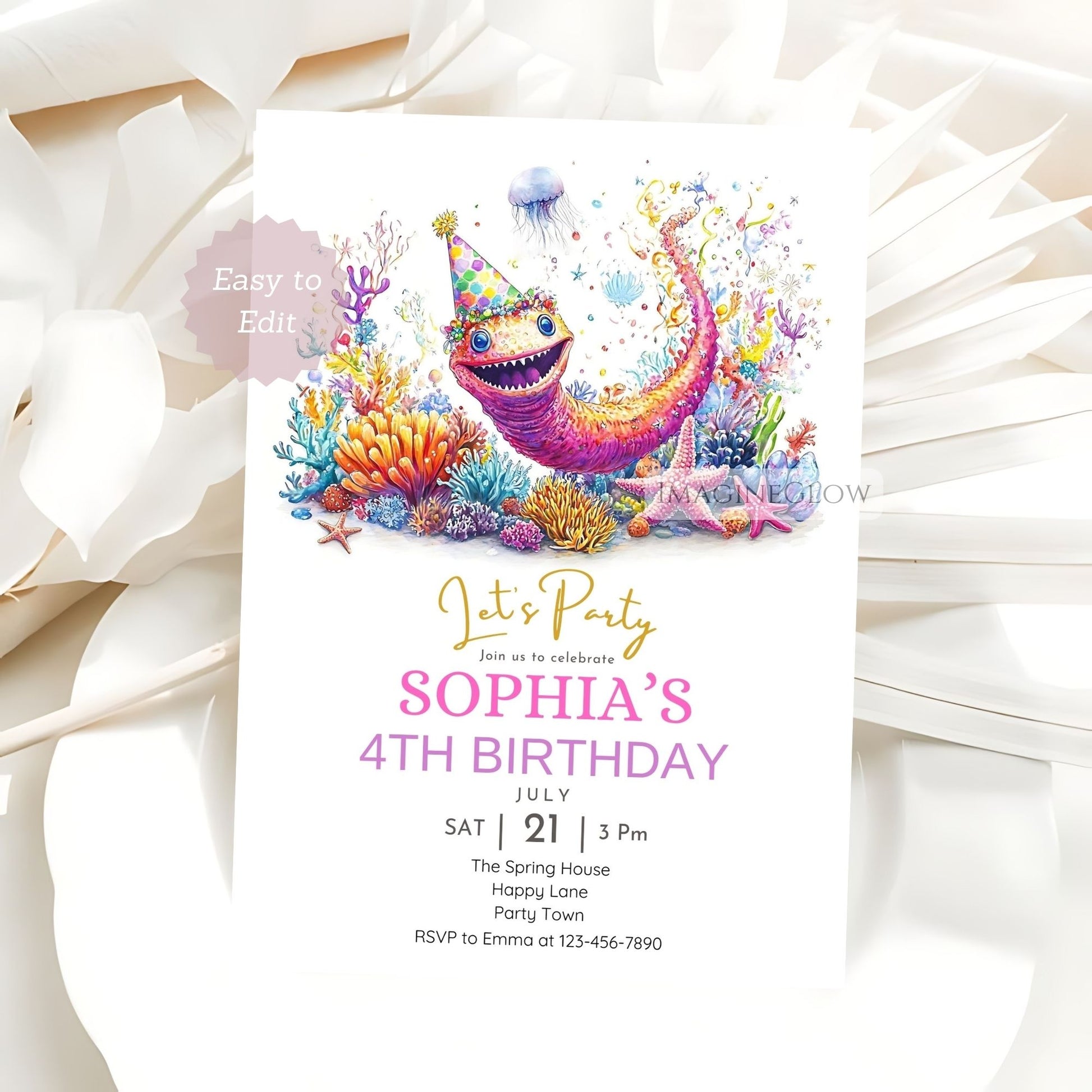 Fun and colorful eel birthday invite
