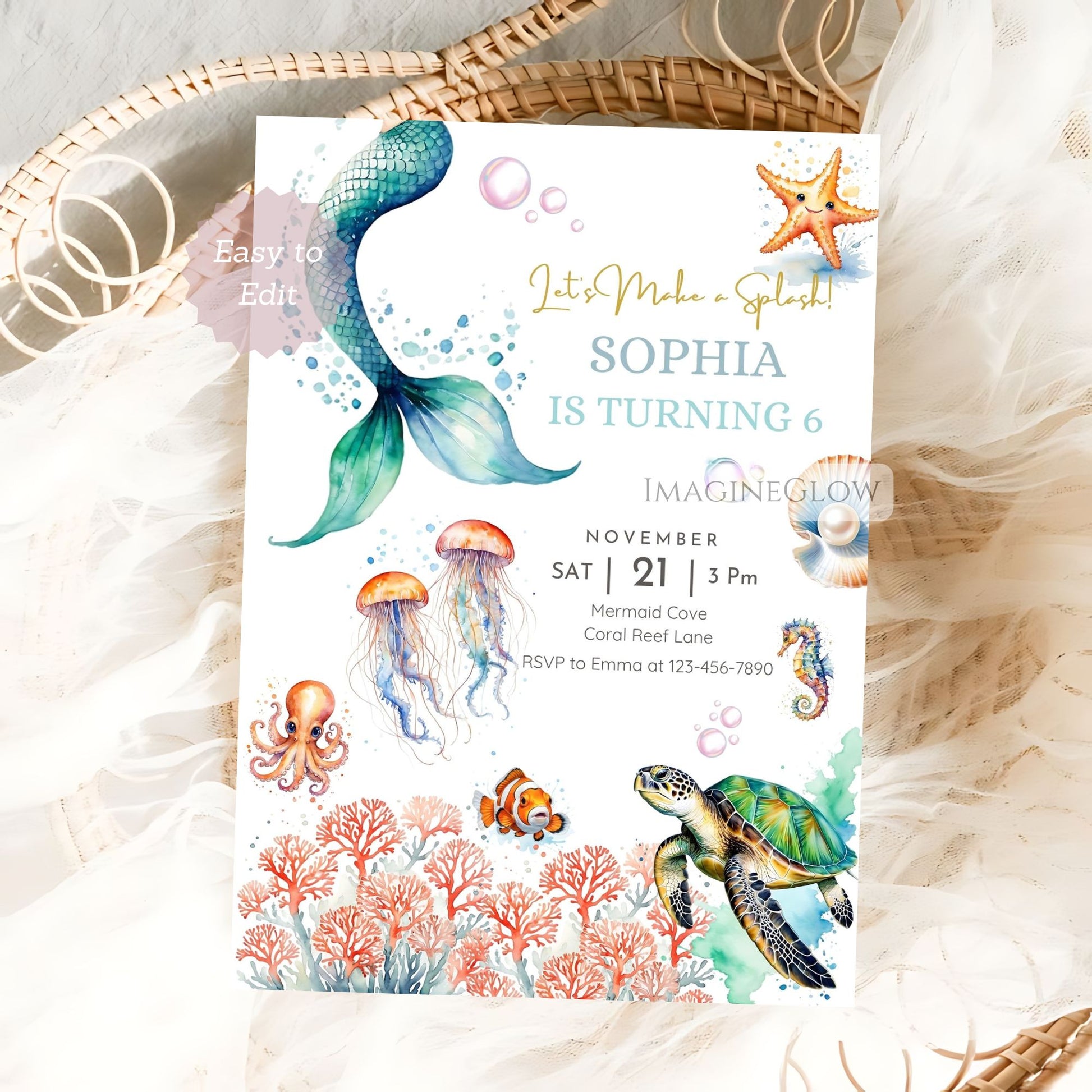 Underwater-themed birthday invitation with mermaid, fish, and turtle illustrations on a white background.