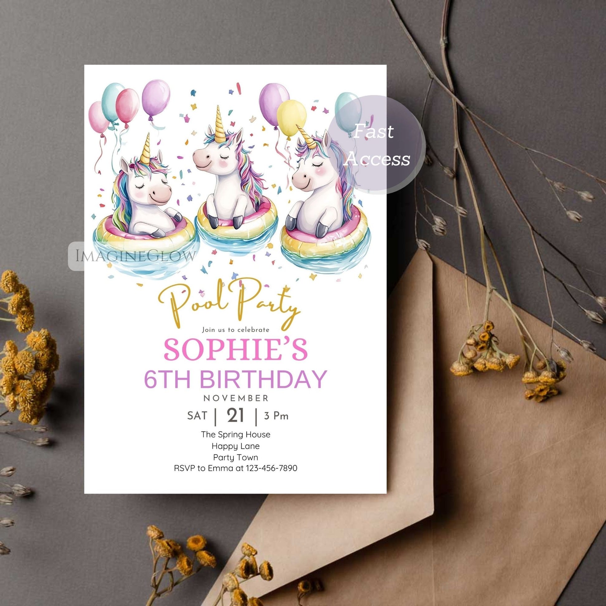Editable magical birthday invite with pool theme
