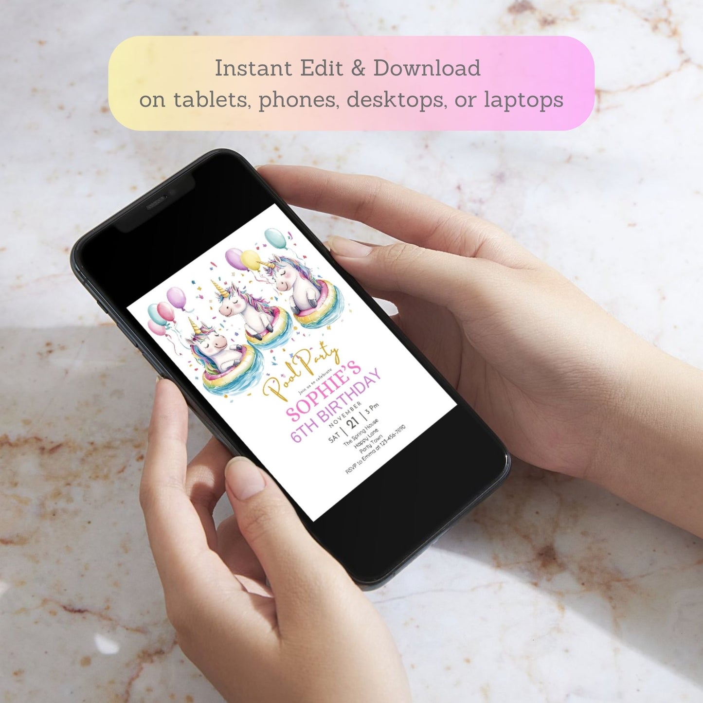 Whimsical unicorn pool birthday template
