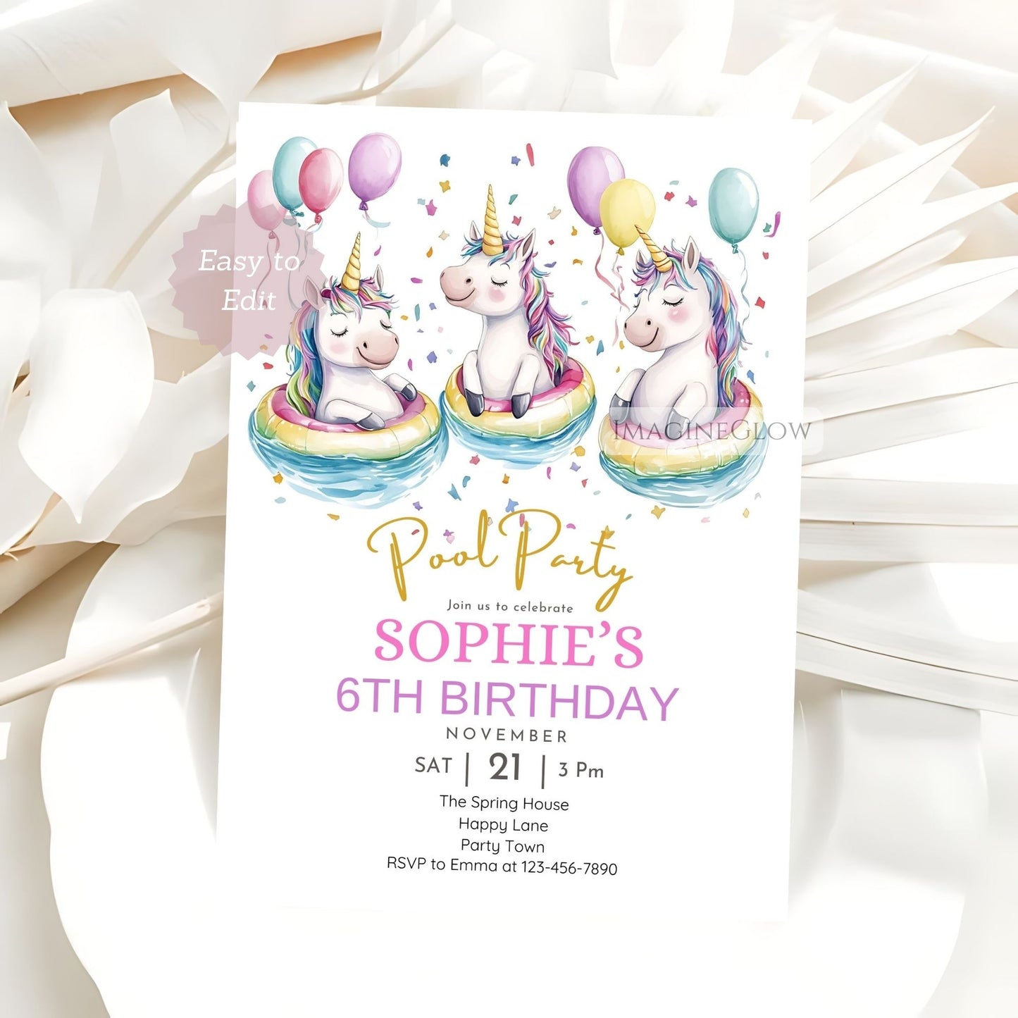 Editable unicorn summer birthday invite
Magical unicorn floaty birthday party card
