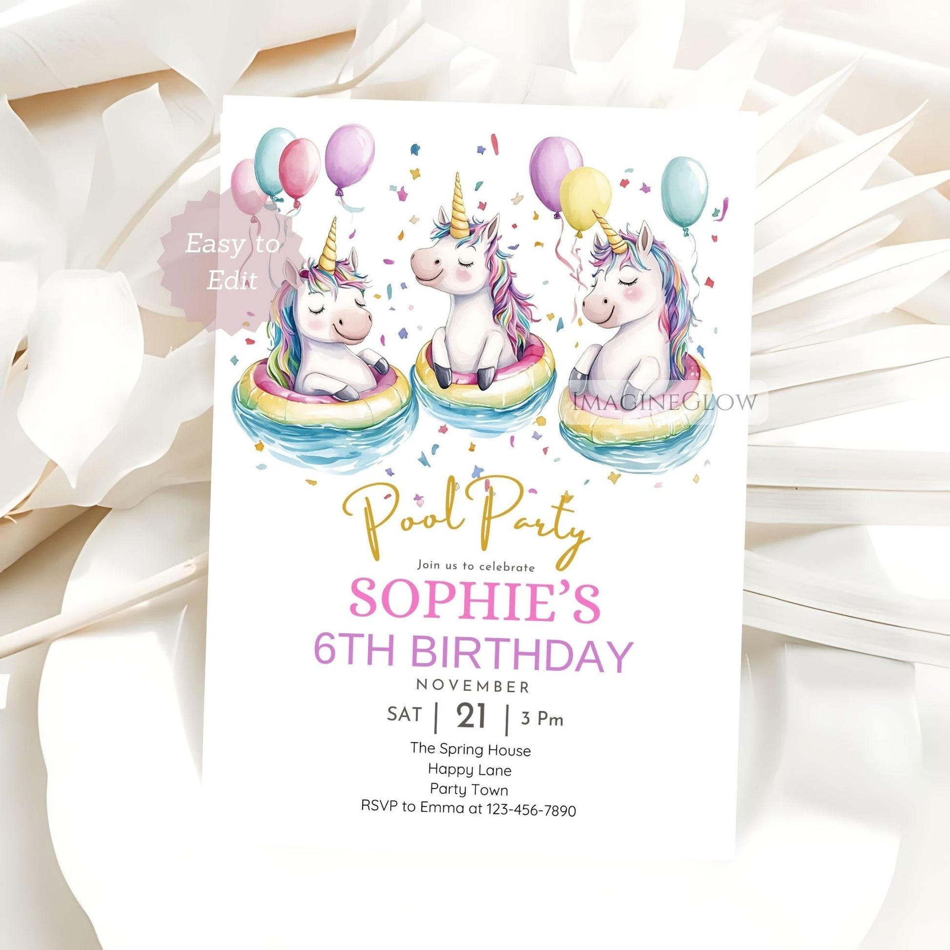 Editable unicorn summer birthday invite
Magical unicorn floaty birthday party card
