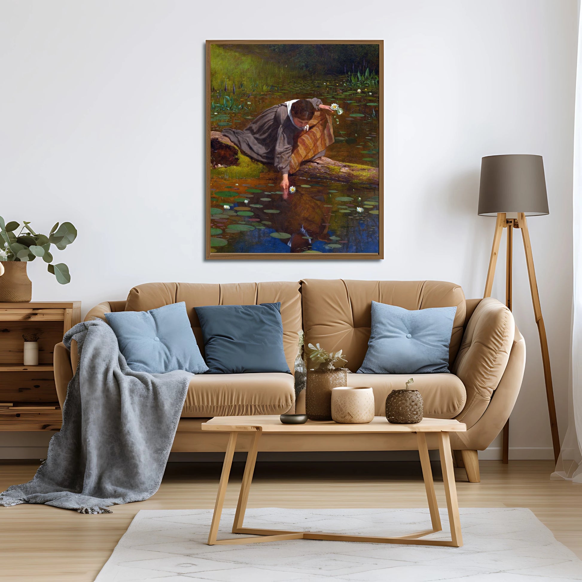 Vintage-style wall art of a girl picking lilies in a garden - demo