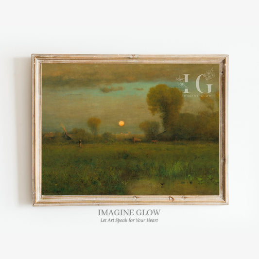 Serene harvest moon landscape art in vintage style