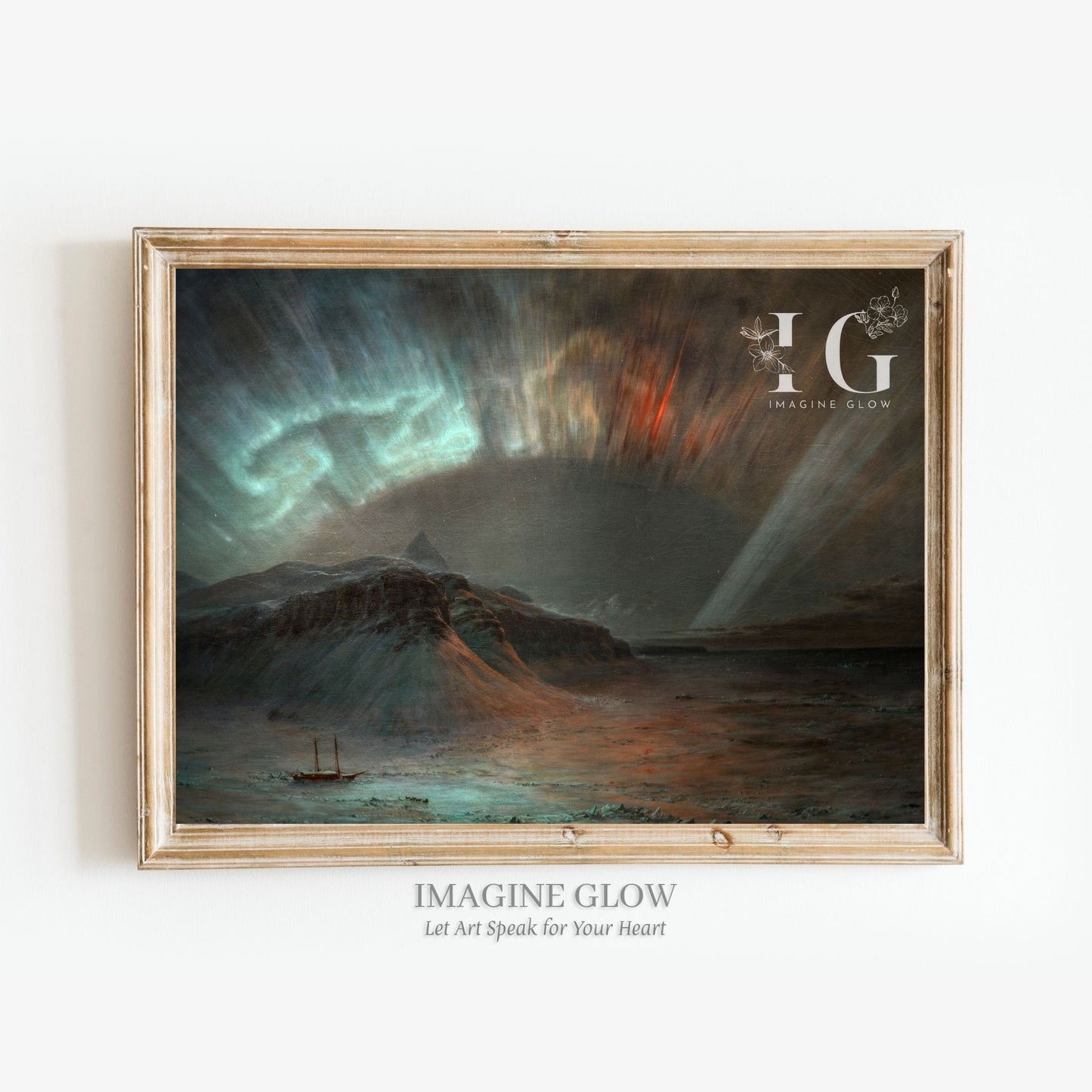 Printable vintage northern lights landscape art