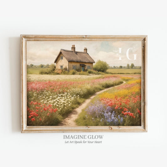 Cottage in colorful wildflower art printable featuring a vintage scene