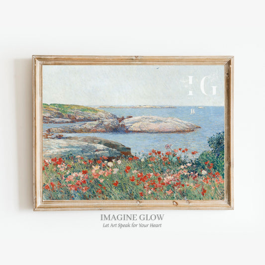 Vintage wall decor featuring a coastal wildflower field landscape