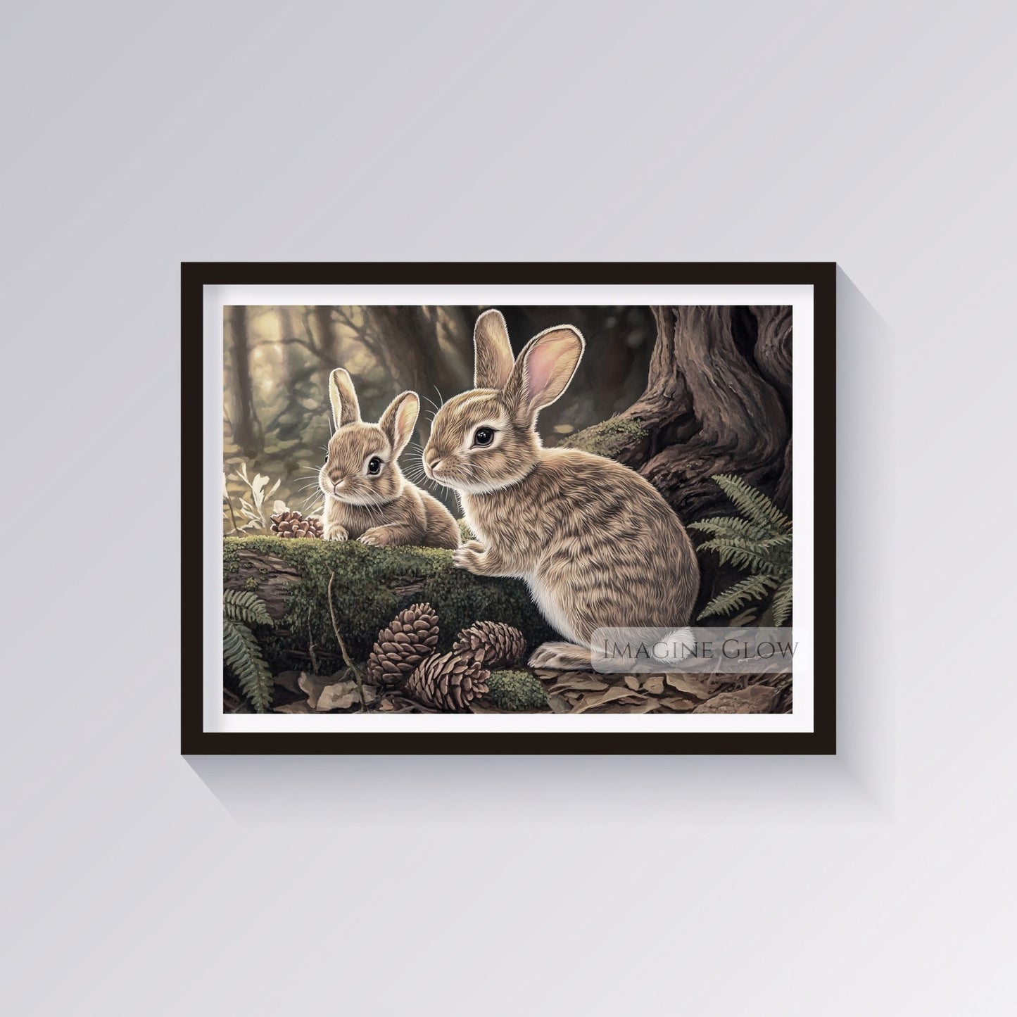 Woodland rabbit print for nature-inspired decor.
