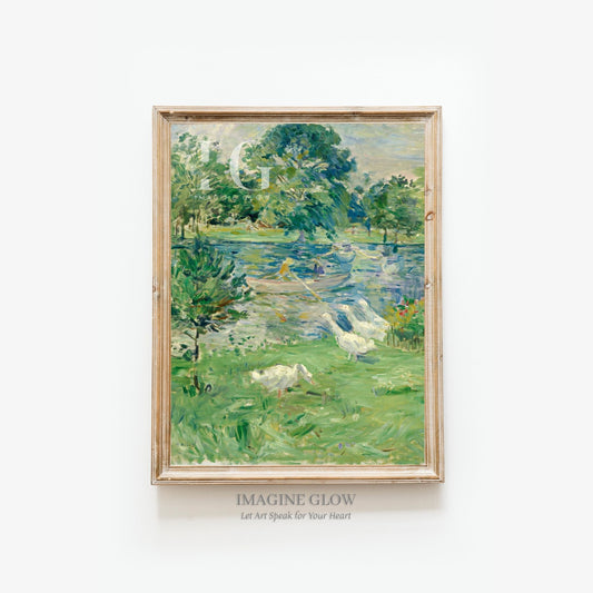 Vintage river scene with a girl in a boat for classic decor
