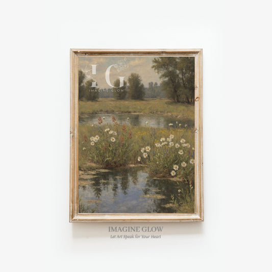 Scenic pond with wildflower field in vintage wall decor style