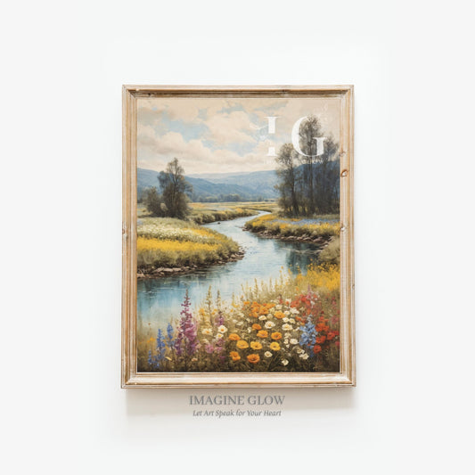Colorful wildflower river art printable featuring a vintage-inspired scene