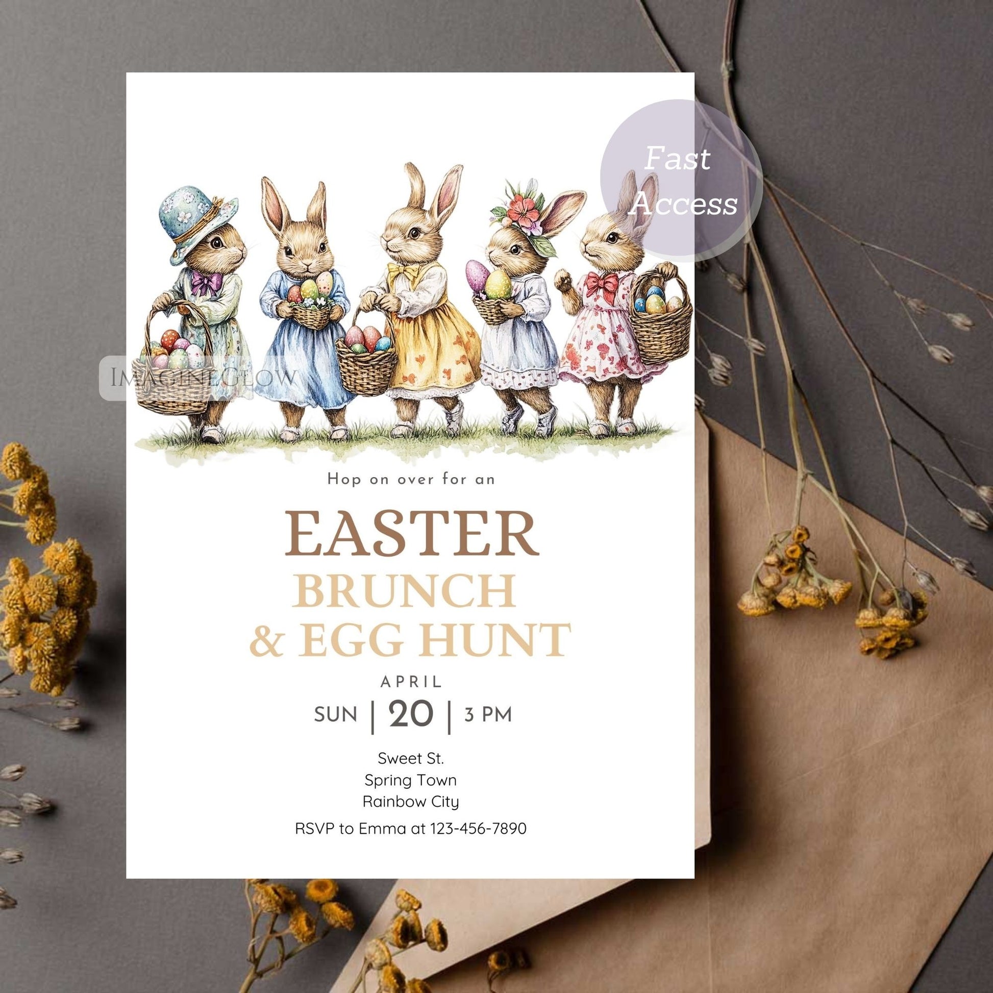 Elegant Easter egg hunt party invite
Printable Easter invitation with vintage rabbits
