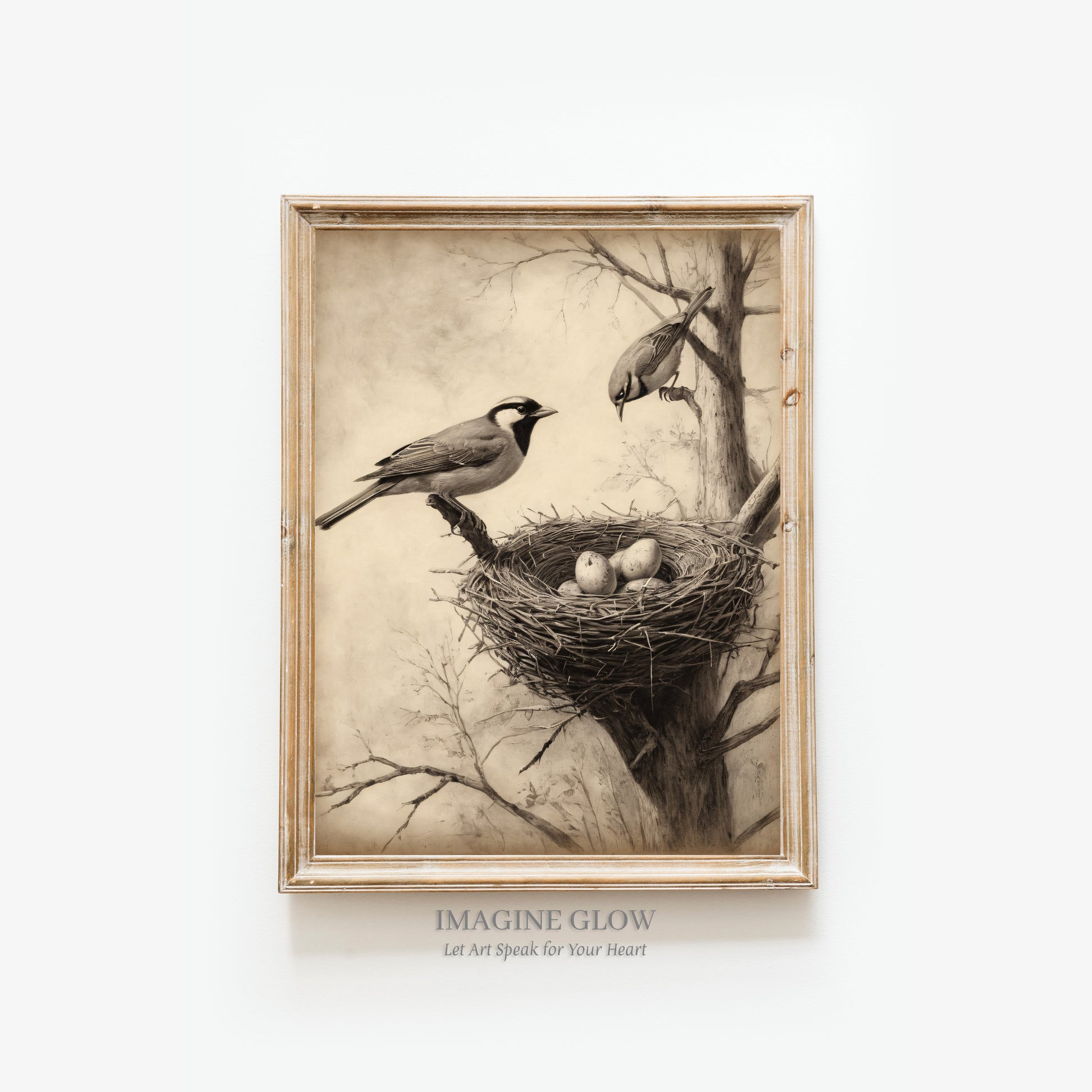 Vintage bird nest with eggs printable art for rustic home decor.