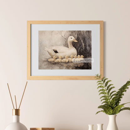 Rustic artwork featuring ducks and ducklings
