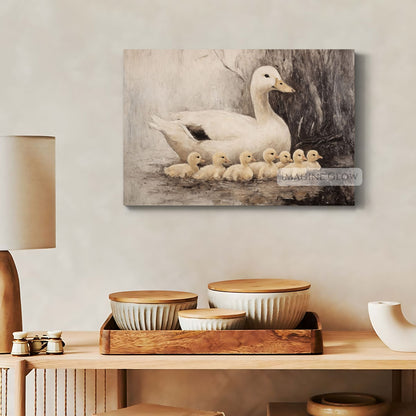 Vintage painting of ducks and ducklings in nature
