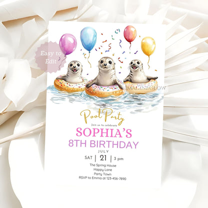 Seal Pool Party Birthday Invitation - Cute Ocean Animal Summer Party Invite