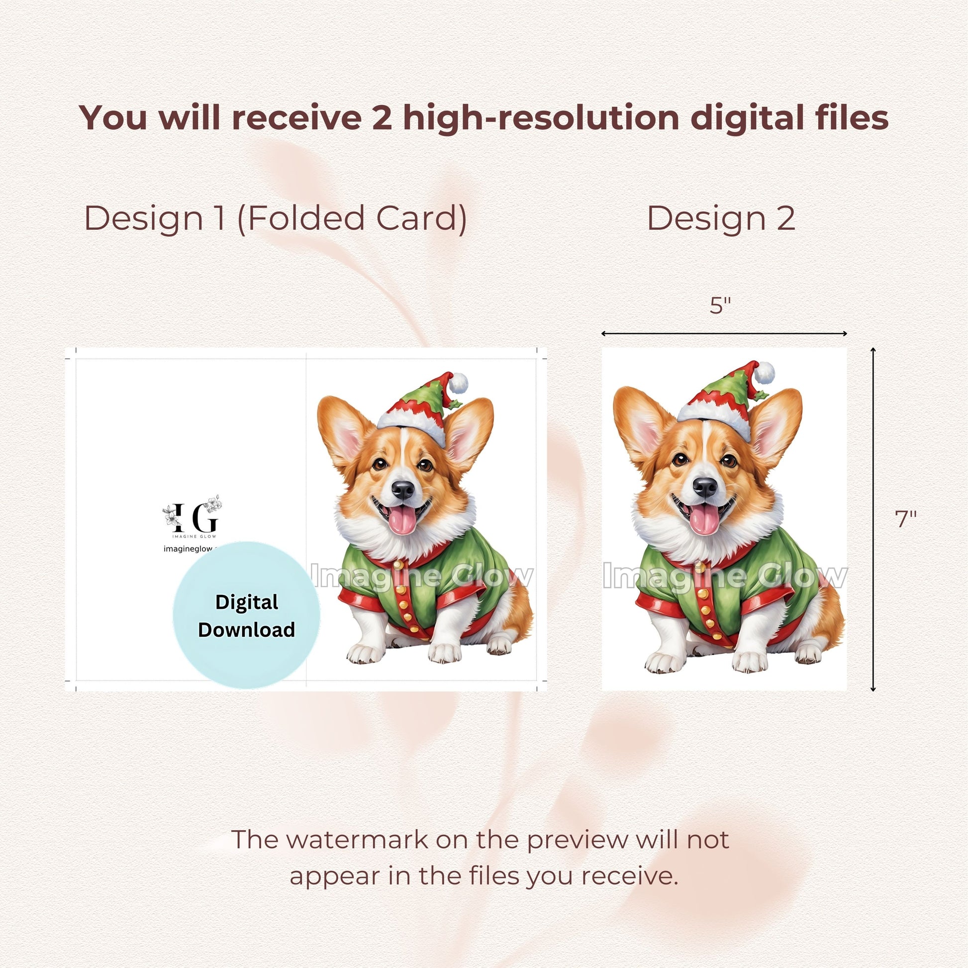 Welsh Corgi dog illustration on a printable Christmas greeting card.