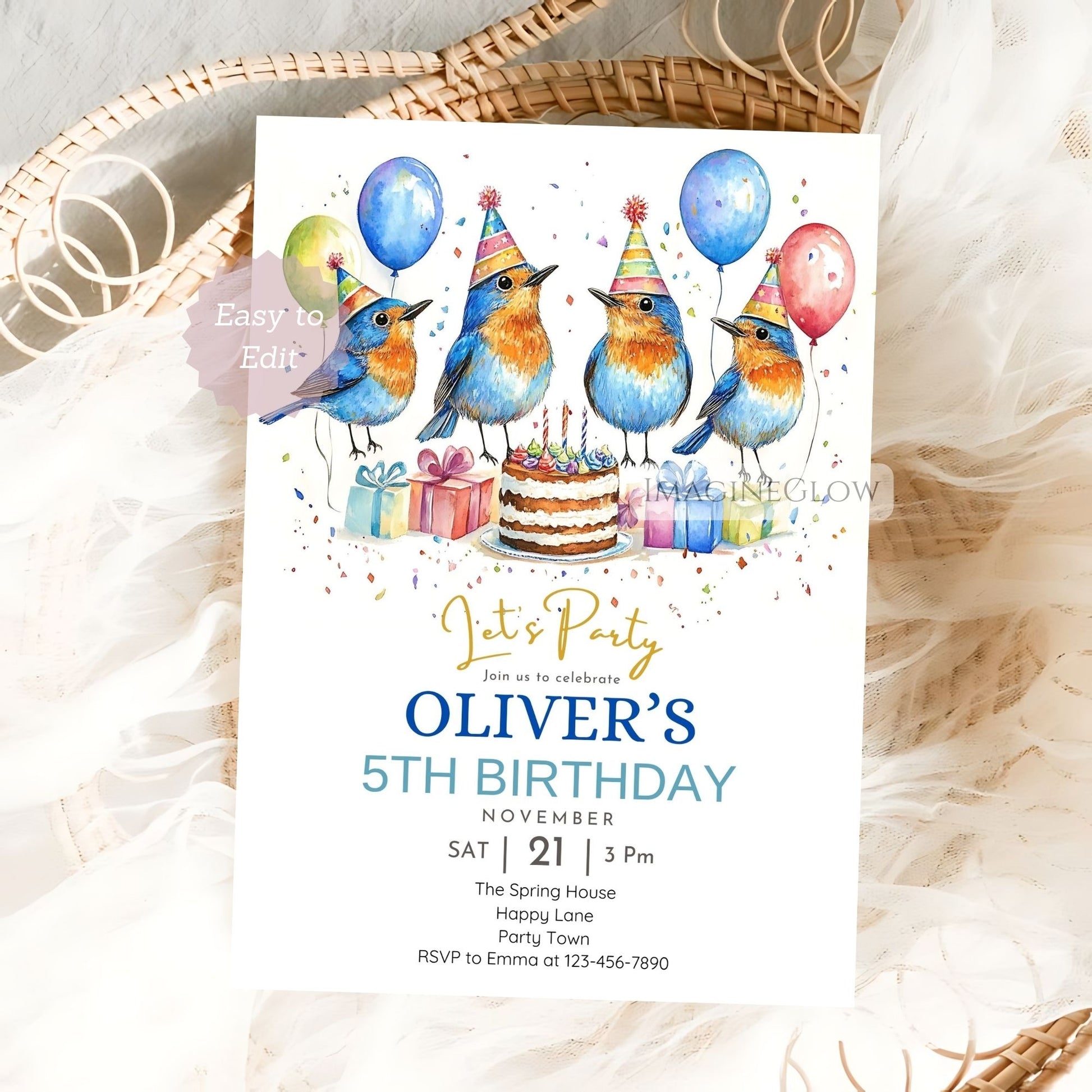 Canva editable bluebird birthday invitation
Cute bird party invite with nature theme