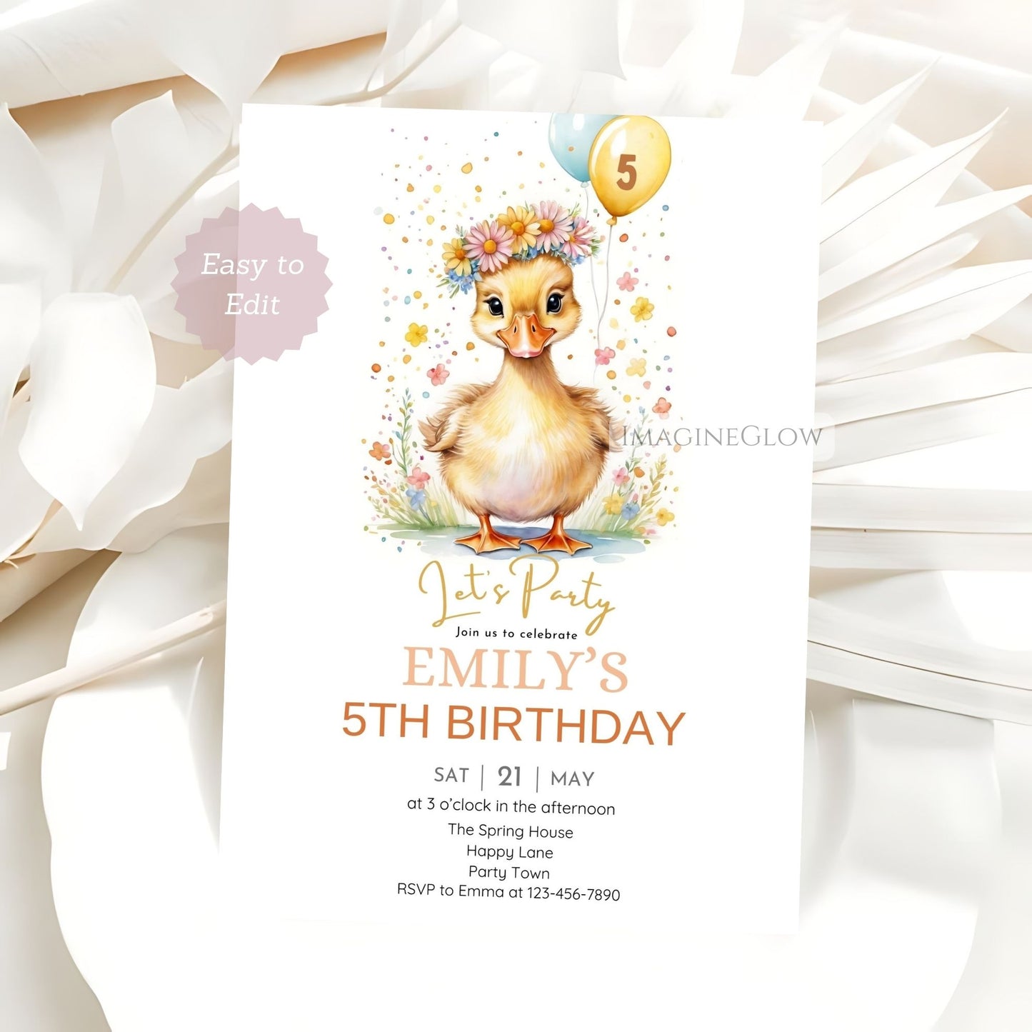 Yellow duck birthday card for children
Duckling-themed birthday party template
