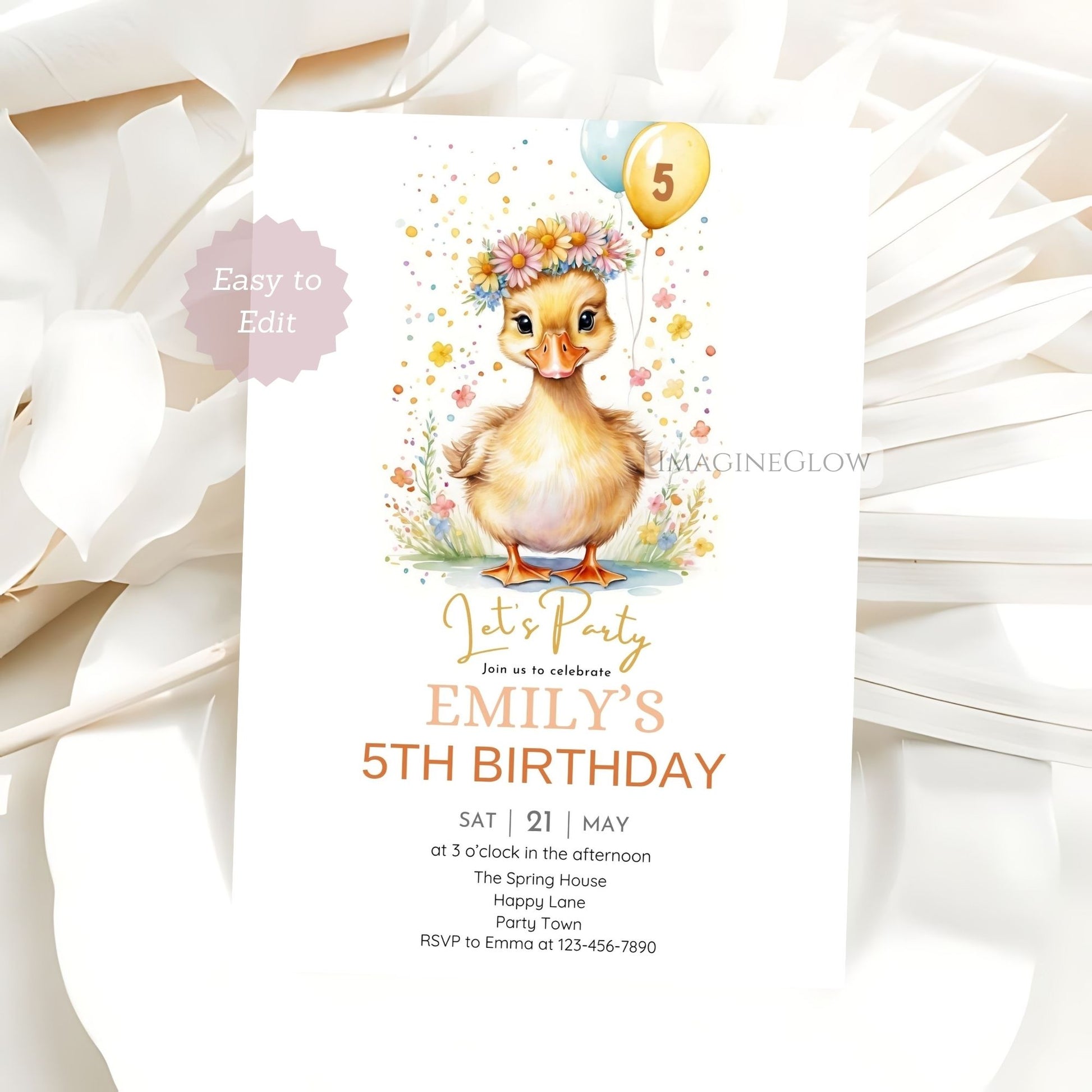 Yellow duck birthday card for children
Duckling-themed birthday party template
